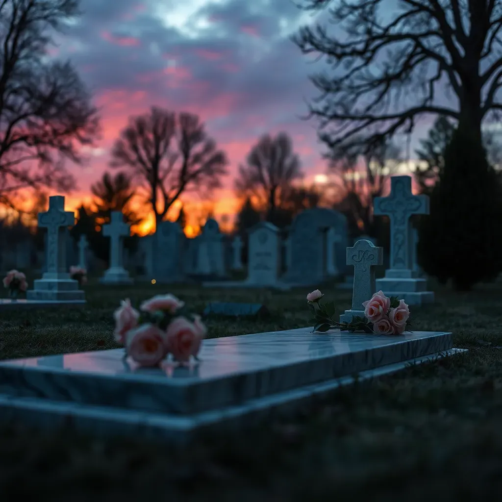 Pierre tombale en marbre avec bouquet de roses roses au coucher du soleil.
