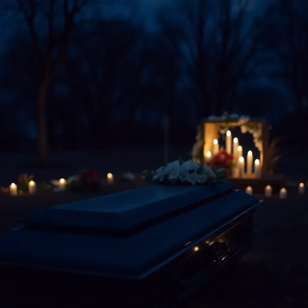 Cercueil funéraire lors d'une veillée funèbre nocturne avec bougies et fleurs.